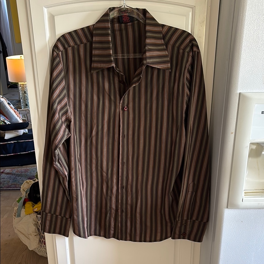 Men's Hierarchy collared Striped button down Brown and Orange Shirt large